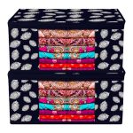 Kuber Industries Saree Cover Bag | Clothes Storage Bag | Storage Organizer Bag | Zip Closure Saree Cover Bag | Wardrobe Organizer | Peacock Feather-Design | 6 Inch | Pack of 2 | Navy Blue