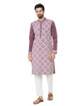 See Designs Men’s Full Sleeve Mandarin Collar Mauve Embossed Printed Straight Long Kurta with Pyjama – Festive Collection | – SDKT293001L