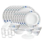 Larah by Borosil Silk Series Blue Iris Opalware Dinner Set with Vision Glass | 35pcs for Family of 6 | Microwave & Dishwasher Safe | Bone-Ash Free | Crockery for Dining & Gifting | White, Plate & Bowl