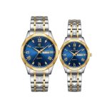 Unisex Adult Couple Watch Set His & Her Matching Watches with Luxury Diamond Accents-Two-Tone Silver Strap,Blue Dial Valentine’s Day Stainless Steel Original Quartz Watch Lovers Set (Silver-Blue)