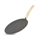 BERGNER Earth Black Non-Stick 26 cm Concave Roti Tawa, Wooden Finish Soft Touch Handle, 3mm Thickness, Even Heat Distribution, White Marble Splatter – Induction Bottom and Gas Ready