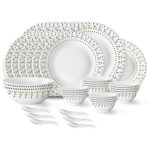 Larah by Borosil Ora Gold Fluted Series Opalware Dinner Set of Plate, Veg Bowls, Soup Bowl, Spoons, Serving Bowl and Oval Rice Plate | Bone-Ash Free Crockery Set for Dining (White, 33 Pieces)