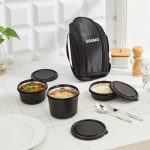 Amazon Brand – Solimo Lunch Box Set with Bag (Office, School & Travel) | 3 Steel Inner Containers (250 ml, 400 ml, and 550 ml) with Cutlery | Microwave Safe | Leakproof – Black