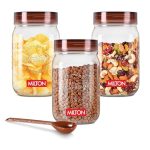 MILTON Vintage Airtight Containers with Spoons for Kitchen Storage, Food Grade Plastic, Stackable & Transparent Organizer Jars, Masala Dabba, Set of 3 (750ml each) for Tea, Coffee, Sugar, Dry Fruits