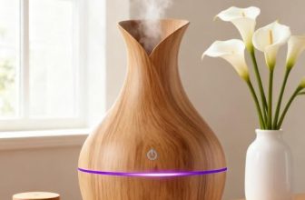 Aroma Diffuser with Wooden Finish, Ultrasonic Essential Oil Diffuser & Humidifier, LED Night Light, Quiet Air Freshener for Home Bedroom Office Spa