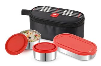 CELLO MF Trent Plus Stainless Steel Lunch Box with Jacket | Red | Leak Proof Containers | Airtight Lid | 300ml x 2 + 500ml x 1 | Ideal for Dry & Semi Liquid Food | BPA Free containers