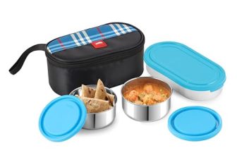 CELLO MF Trent Plus Stainless Steel Lunch Box with Jacket | Blue | Leak Proof Containers | Airtight Lid | 300ml x 2 + 500ml x 1 | Ideal for Dry & Semi Liquid Food | BPA Free containers