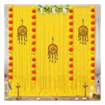 Shimmers Festive Decoration Kit Set of 12 | Marigold Garlands, Dream Catcher Wall Hangings, Yellow Curtains & Hooks | Traditional Backdrop Decor for Diwali, Pooja, Housewarming & Home Celebration