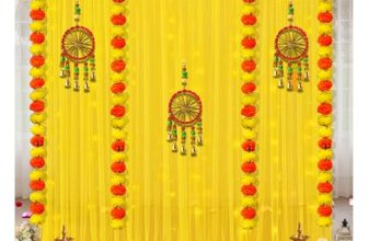 Shimmers Festive Decoration Kit Set of 12 | Marigold Garlands, Dream Catcher Wall Hangings, Yellow Curtains & Hooks | Traditional Backdrop Decor for Diwali, Pooja, Housewarming & Home Celebration