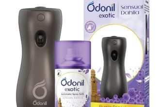 DABUR Odonil Exotic Automatic Spray- 225Ml | Machine + 1 Refill | Sensual Dahlia | 2X Long Lasting | 2200 Sprays Guaranteed | Lasts Upto 60 Days | Suitable for Washroom, Gym area, Living Room & Office