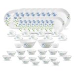 La Opala Diva Classique Collection Opal Glass Crockery | for Family of 8 | Dinner Set 53 pcs Blue Daisy | Plates, Bowls & Cups for Dining | Microwave Safe | 100% Vegetarian | Extra Strong | White
