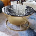 Furniture Cafe Modern Round Coffee Table with Black Marble Look Top & Gold Metal Frame | 2 Tier Center Table with Storage Shelf | Luxury Accent Sofa Tea Table for Living Room, Bedroom, Balcony &Office