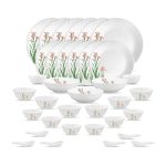 La Opala Opal Glass Crockery | for Family of 6 | Dinner Set 35 pcs Pink Florets | Plates & Bowls for Dining | Microwave Safe | 100% Vegetarian | Extra Strong | Extra Light & White
