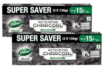 DABUR Herb’L Activated Charcoal Toothpaste 480G (120G x4, Pack of 4) | Whitening Black Gel Toothpaste | Fluoride Free | Fights Plaque & Extrinsic Stains | With Power of Mint | Cool & Refreshing Mouth Experience