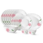 Larah by Borosil Red Mist Fluted Series Opalware Dinner Set | 21 Pieces for Family of 6 | Microwave & Dishwasher Safe | Bone-Ash Free | Crockery Set for Dining & Gifting | Plates & Bowls | White