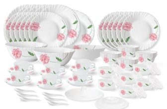 Larah by Borosil Red Mist Fluted Series Opalware Dinner Set | 66 Pieces for Family of 6 | Microwave & Dishwasher Safe | Bone-Ash Free | Crockery Set for Dining & Gifting | Plates & Bowls | White