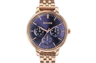 Sonata Verve Quartz Analog with Navy Blue Dial Rose Gold Sheet Metal Strap Watch for Women – 87102WM01