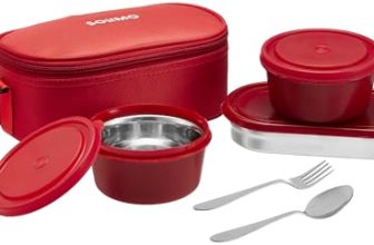 Amazon Brand – Solimo Lunch Box Set with Bag (Office, School & Travel) | 2 Round (400ml Each) & 1 Oval 600ml Steel Inner Containers with Cutlery | Microwave Safe | Leakproof – Red