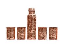 Signoraware Copper Bottle with 4 Glasses (900 Ml Bottle + 4 Glass 275 Ml) (Hammered), Set of 5