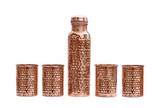 Signoraware Copper Bottle with 4 Glasses (900 Ml Bottle + 4 Glass 275 Ml) (Hammered), Set of 5