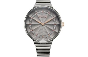 Titan Aura Quartz Analog Grey Dial Stainless Steel Strap Watch for Women-95245KM02