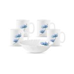 La Opala Diva Classique Collection Opal Glass Crockery | Gift Set of 5 | Coffee Time Set 5 pcs Floral Mist | Bowls & Coffee Mugs | Microwave Safe | 100% Vegetarian | Extra Strong | Light & White