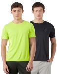 Amazon Brand – Symbol Men’s Solid Active Regular Fit Sports T-Shirt |Round Neck | Half Sleeve (SYA-M-A25-TS-701_Black+Neon_M)(Available in Plus Size and Combo Pack of 2)