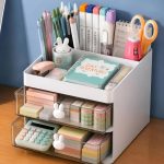 PulGos Desk Organizer with 2 Drawers| Large 3 Compartments with Pen Holder | Plastic Table Top box for Cosmetics, Makeup, Stationery & Accessories | Storage box for Home, School, Study & Office Supplies