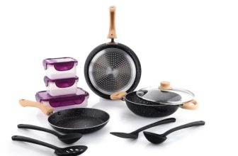 Crystal Aluminum 11 Pcs Non Stick Cookware Set with Induction Bottom | Tawa, Fry Pan, Kadhai with Lid, 4 Serving Spoons, 3 Containers | 4 Layer Non Stick Coating | PFOA Free | Black