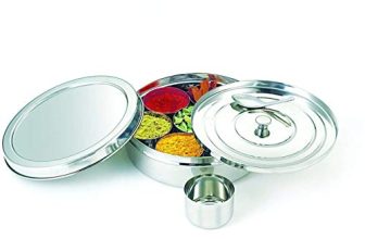 neelam Stainless Steel Spice Box, Masala Dabba with airtight Steel Lid, 7 Containers with 1 Spoon & 1 Steel Plate, Organize Spices, Durable & Elegant Kitchen Storage for Home Cooking, Silver, 1575 ml