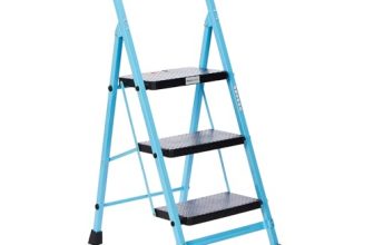 Amazon Basics – Foldable Step Ladder with Tool Tray, Safety-Clutch Lock, Ribbed Steps, Anti-Skid Rubber Shoes, 3 Steps (Iron Ladder, Black & Blue)