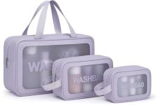 KASHIVAL Clear Travel Toiletry Bags Set, Waterproof Organizer Pouches, Large Capacity Storage Cases for Cosmetics, Accessories, 3 Pack (Purple)