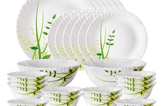 Larah by Borosil Green Herbs Opalware Dinner Set, 28 Pcs, White