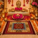 BENAVJI Velvet Traditional Floral Printed Asana Carpet Rug for Home Mandir Pooja Mat Puja Asaan Soft Floor Asana with Decorative Tassel Border Anti-Skid Multipurpose Prayer Mat Home Décor Pack of 2