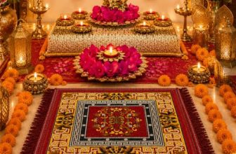 BENAVJI Velvet Traditional Floral Printed Asana Carpet Rug for Home Mandir Pooja Mat Puja Asaan Soft Floor Asana with Decorative Tassel Border Anti-Skid Multipurpose Prayer Mat Home Décor Pack of 2