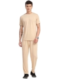 Thomas Scott Men’s Solid Polyester Relaxed Fit T-Shirt & Joggers Co-Ords Set with Round Neck & Short Sleeves (TMSTCS002_Beige_M)