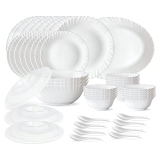Larah by Borosil Plain White Silk Series Opalware Dinner Set | 47 Pieces for Family of 8 | Microwave & Dishwasher Safe | Bone-Ash Free | Crockery Set for Dining & Gifting | Plates & Bowls | Snow