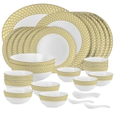 Cello Opalware Divine Goldenpyramid Dinner Set, 33 Units | Microwave & Dishwasher Safe | Light-Weight & Thermal Resistant | Crockery Set for Dining & Gifting