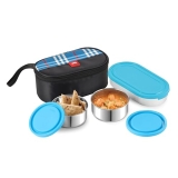 CELLO MF Trent Plus Stainless Steel Lunch Box with Jacket | Blue | Leak Proof Containers | Airtight Lid | 300ml x 2 + 500ml x 1 | Ideal for Dry & Semi Liquid Food | BPA Free containers