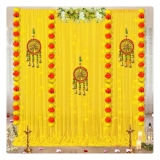 Shimmers Festive Decoration Kit Set of 12 | Marigold Garlands, Dream Catcher Wall Hangings, Yellow Curtains & Hooks | Traditional Backdrop Decor for Diwali, Pooja, Housewarming & Home Celebration