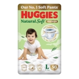 Huggies Natural Soft Premium Baby Diaper Pants, Our No.1 Soft Pants, Large (L) Size (9-14 Kgs), Pack of 50 diapers | Cloud Softness All over with India’s 1st Cloud Touch BeltTM
