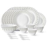 Larah by Borosil Ora Gold Fluted Series Opalware Dinner Set of Plate, Veg Bowls, Soup Bowl, Spoons, Serving Bowl and Oval Rice Plate | Bone-Ash Free Crockery Set for Dining (White, 33 Pieces)