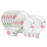 Larah by Borosil Red Mist Fluted Series Opalware Dinner Set | 21 Pieces for Family of 6 | Microwave & Dishwasher Safe | Bone-Ash Free | Crockery Set for Dining & Gifting | Plates & Bowls | White