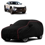 Sulfar 100% Water Resistant Car Body Cover Compatible with Mirror for Mahindra BE 6 (Triple Stitched, Full Bottom Elastic, Black with Red Piping)
