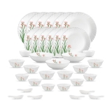 La Opala Opal Glass Crockery | for Family of 6 | Dinner Set 35 pcs Pink Florets | Plates & Bowls for Dining | Microwave Safe | 100% Vegetarian | Extra Strong | Extra Light & White