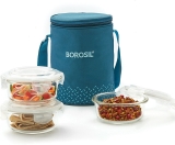 BOROSIL Teal Lunch Box with Bag, 3 Pc (400 ml x 3 Round), Glass Office Tiifin 3 Containers Glass Office Lunch Box(1200 ml)