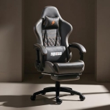 BAYBEE Drogo Multi-Purpose Ergonomic Gaming Chair with 7 Way Adjustable Seat, Head & USB Massager, PU Leather Lumbar Pillow Home & Office Chair with Full Reclining Back Footrest (Emperor Grey)