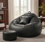 Sattva Piping 3XL Sofa Style Bean Bag Chair with Beans Filled | Faux Leather Bin Bags Sofa Combo with Footstool & Cushion | Large Beanbags for Adults, Teens & Home – Black with Royal Blue Piping