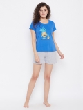 Clovia Printed Women Round Neck Blue T-Shirt