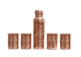 Signoraware Copper Bottle with 4 Glasses (900 Ml Bottle + 4 Glass 275 Ml) (Hammered), Set of 5